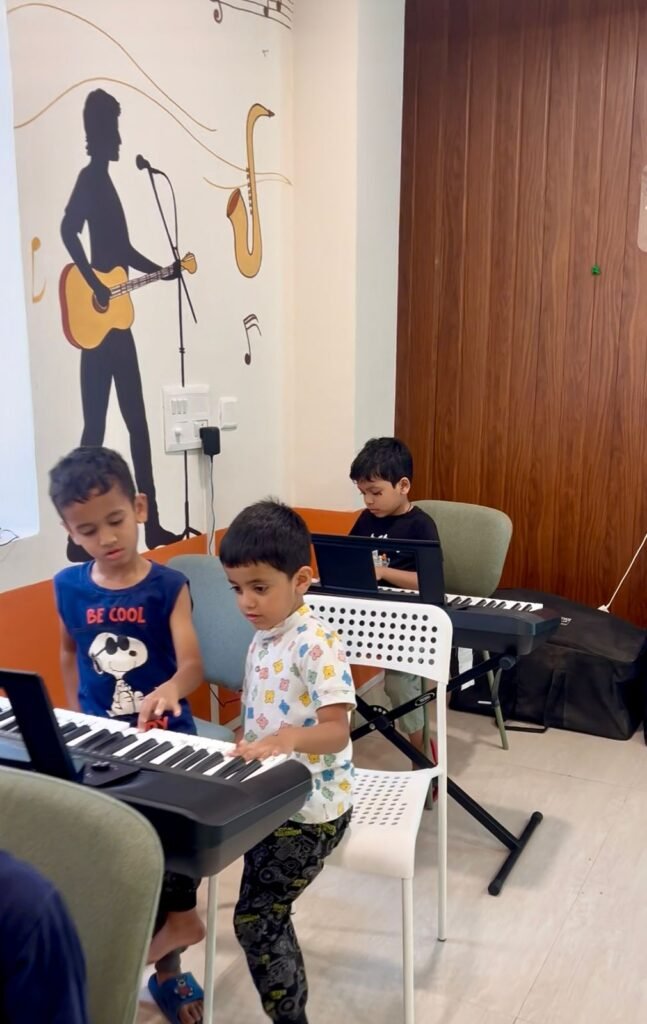 Beginner music classes for young children at Jignasa activity center Nallagandla, Hyderabad.